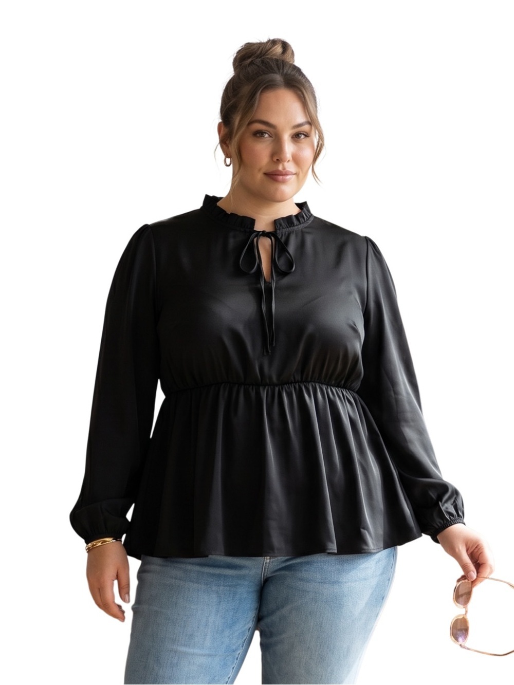 CICIDUDU 2XL Black Babydoll Blouse Ruffle Collar Tie Neck